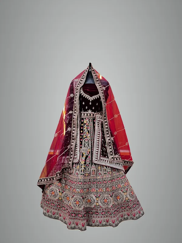 Maroon_Velvet_Bridal_Lehenga_Choli_Set_With_Embroidery_And_Dupatta