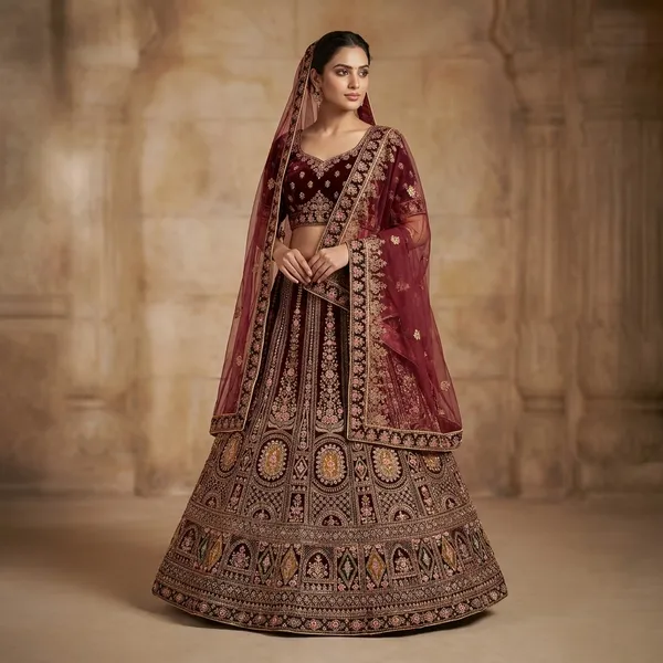 Maroon_Velvet_Bridal_Lehenga_Choli_Set_With_Embroidery_And_Dupatta