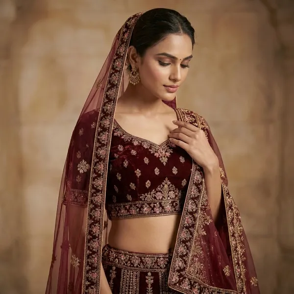Maroon_Velvet_Bridal_Lehenga_Choli_Set_With_Embroidery_And_Dupatta
