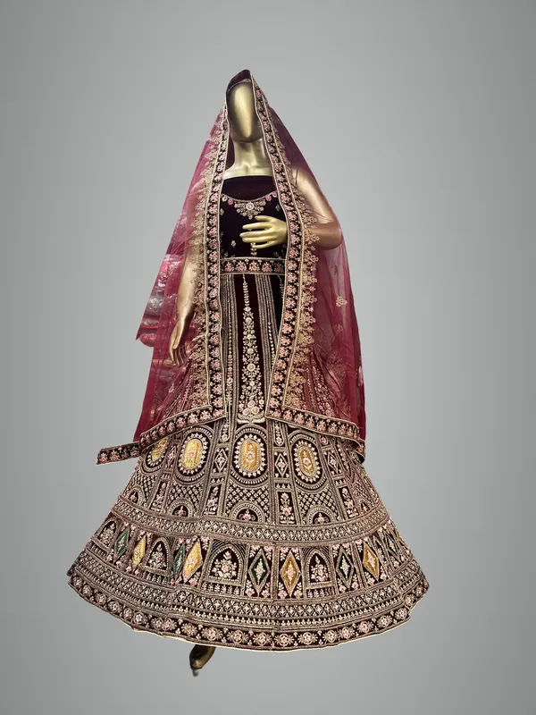 Maroon_Velvet_Bridal_Lehenga_Choli_Set_With_Embroidery_And_Dupatta