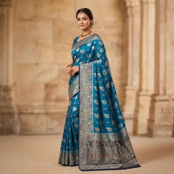 Traditional_Blue_Kalamkari_Silk_Saree_With_Paisley_Motifs_And_Contrast_Border