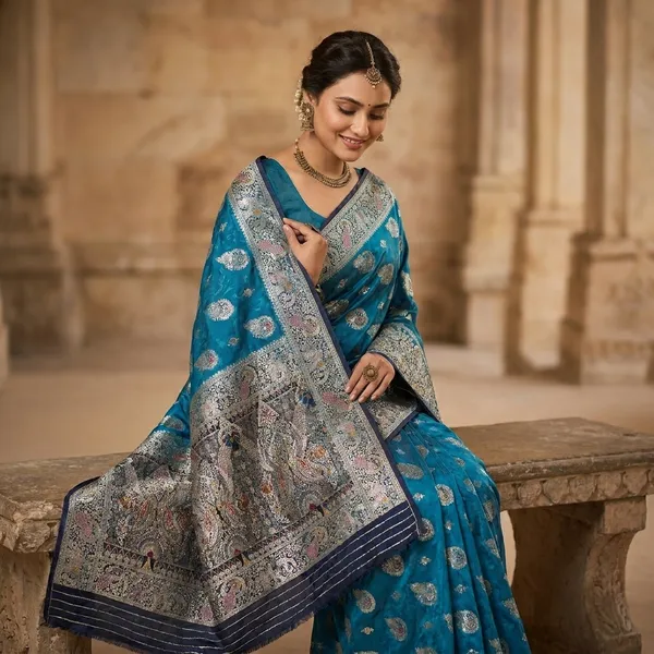 Traditional_Blue_Kalamkari_Silk_Saree_With_Paisley_Motifs_And_Contrast_Border