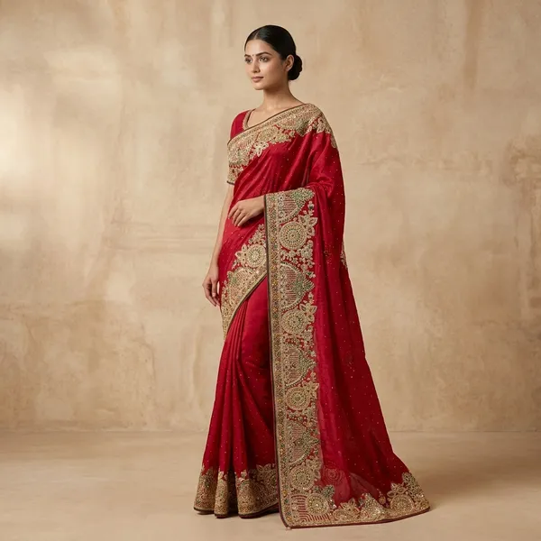 Red_Kanjivaram_Silk_Bridal_Saree_With_Heavy_Embroidered_Border