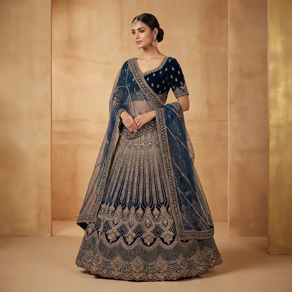 Navy_Blue_Velvet_Bridal_Lehenga_Choli_Set_With_Embroidery_And_Dupatta