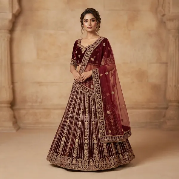 Maroon_Velvet_Bridal_Lehenga_Choli_Set_With_Heavy_Embroidery
