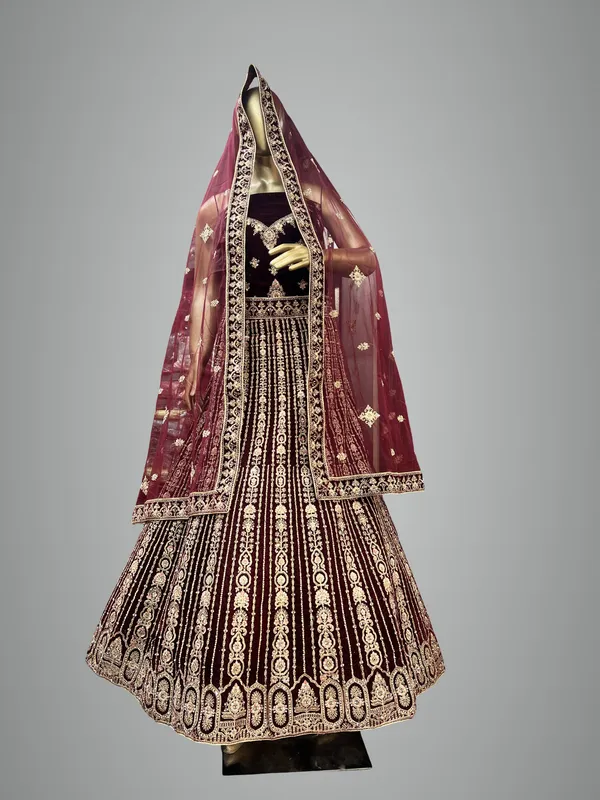 Maroon_Velvet_Bridal_Lehenga_Choli_Set_With_Heavy_Embroidery