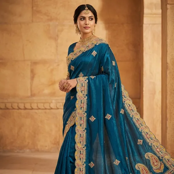 Teal_Blue_Fendi_Saree_With_Embroidered_Zari_Border_And_Embellished_Pallu