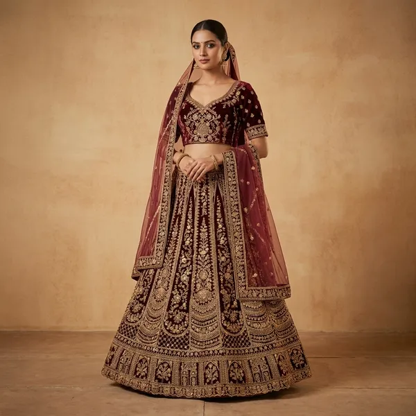 Maroon_Velvet_Bridal_Lehenga_Choli_Set_With_Golden_Zari_Work