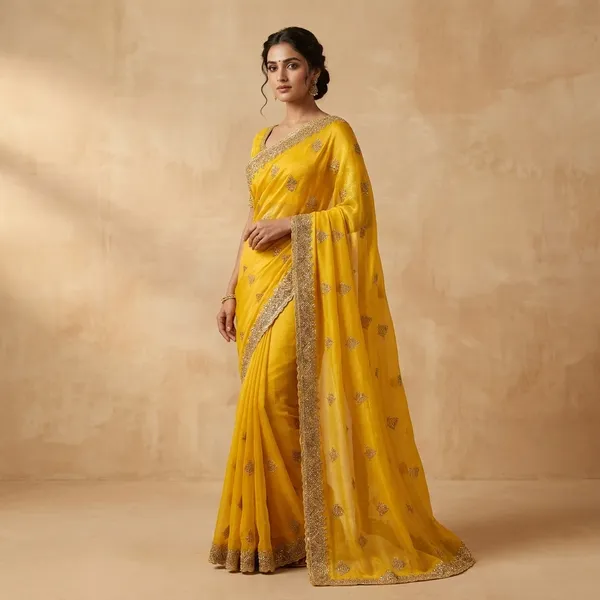 Yellow_Georgette_Saree_With_Embellishments_And_Dupatta