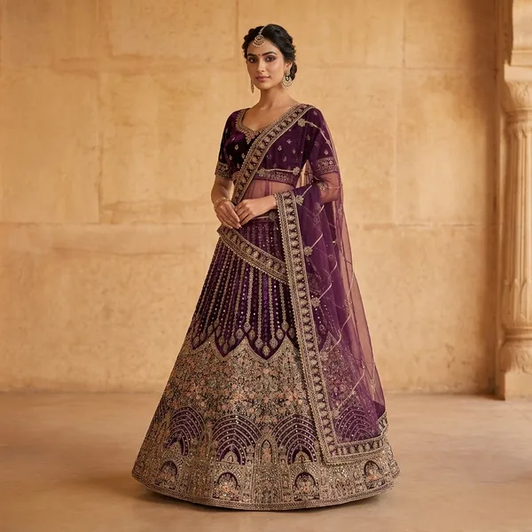 Purple_Velvet_Bridal_Lehenga_Choli_Set_With_Embroidery_And_Dupatta
