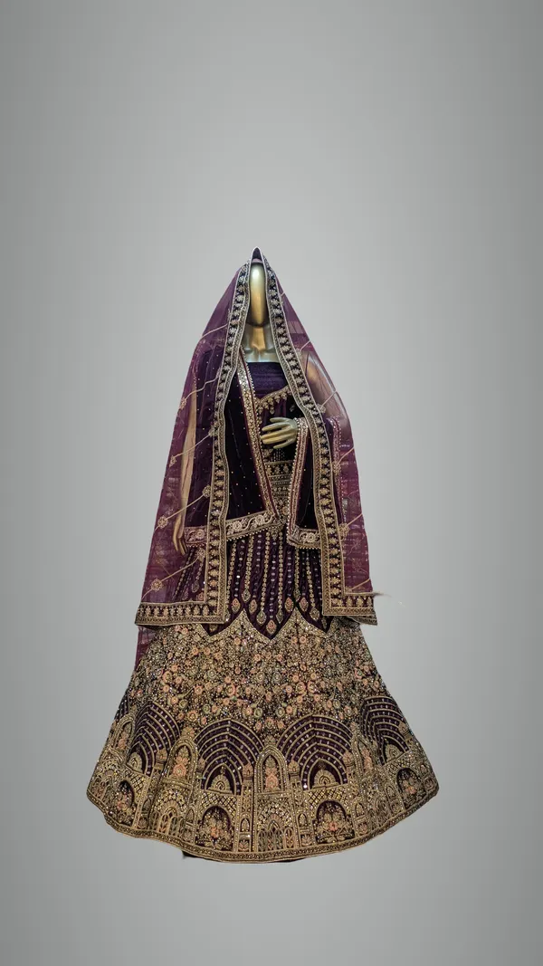 Purple_Velvet_Bridal_Lehenga_Choli_Set_With_Embroidery_And_Dupatta