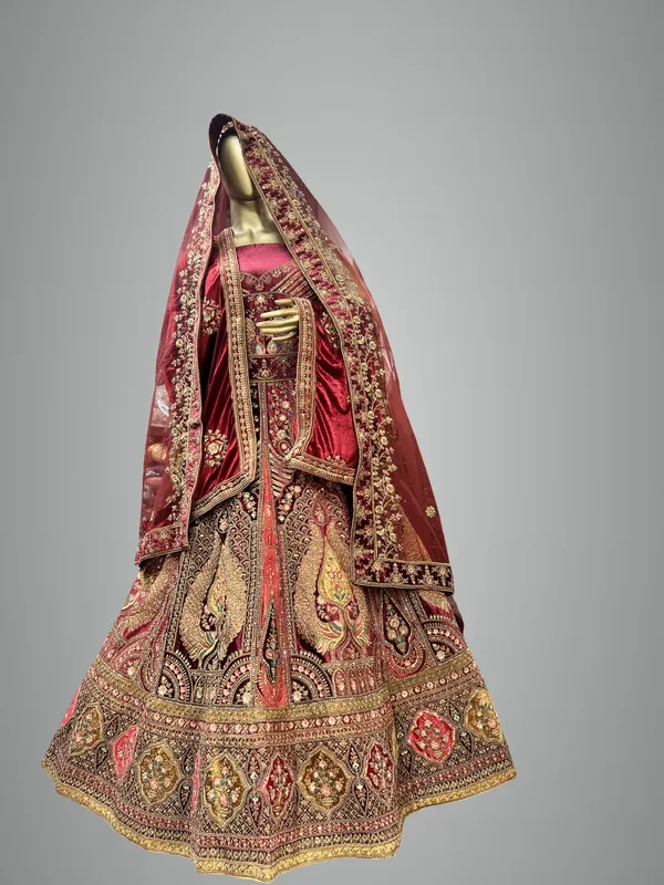Maroon_Velvet_Bridal_Lehenga_Choli_Set_With_Heavy_Embroidery