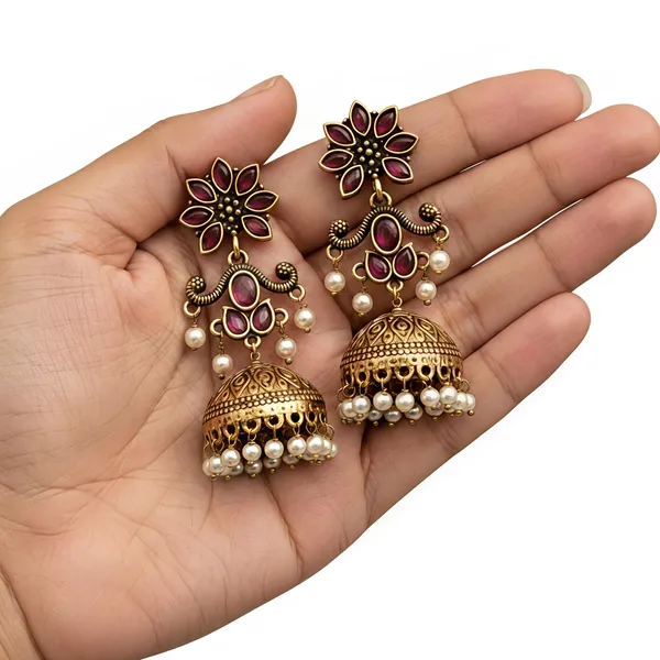 Antique_Gold-Plated_Red_Stone_Jhumka_Earrings_for_Women_and_Girls_|_Traditional_Indian_Ethnic_Floral_Jhumki_with_Pearl_Drops