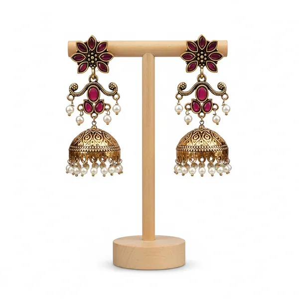 Antique_Gold-Plated_Red_Stone_Jhumka_Earrings_for_Women_and_Girls_|_Traditional_Indian_Ethnic_Floral_Jhumki_with_Pearl_Drops