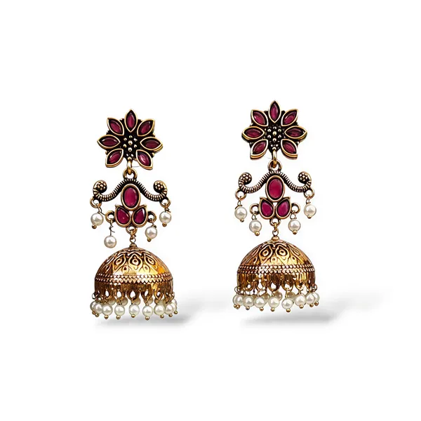 Antique_Gold-Plated_Red_Stone_Jhumka_Earrings_for_Women_and_Girls_|_Traditional_Indian_Ethnic_Floral_Jhumki_with_Pearl_Drops