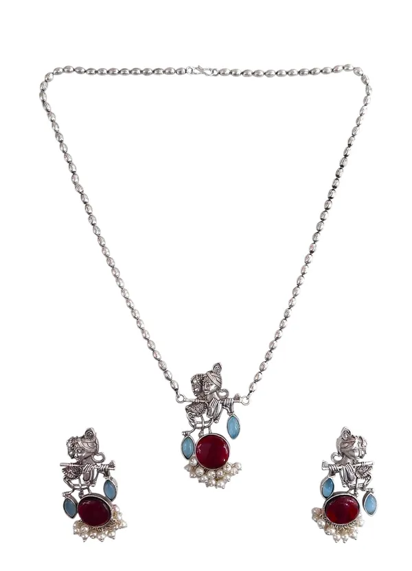 Maroon_German_Silver_Radha_Krishna_Necklace_And_Earrings_Set_For_Women
