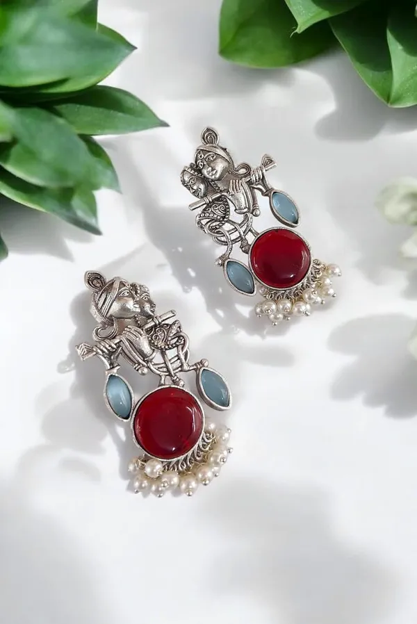 Maroon_German_Silver_Radha_Krishna_Necklace_And_Earrings_Set_For_Women