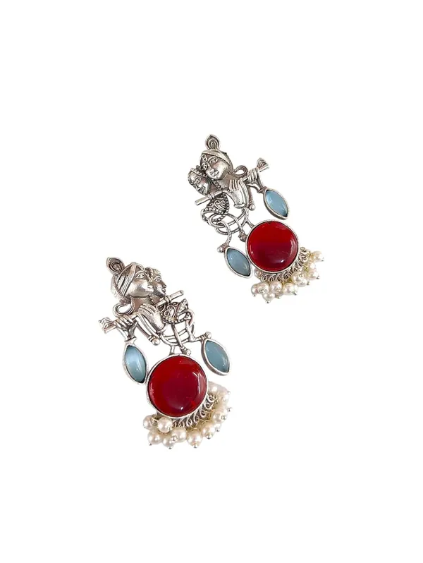 Maroon_German_Silver_Radha_Krishna_Necklace_And_Earrings_Set_For_Women