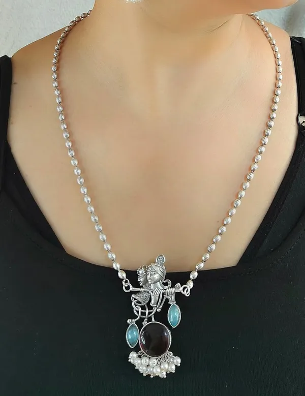 Maroon_German_Silver_Radha_Krishna_Necklace_And_Earrings_Set_For_Women