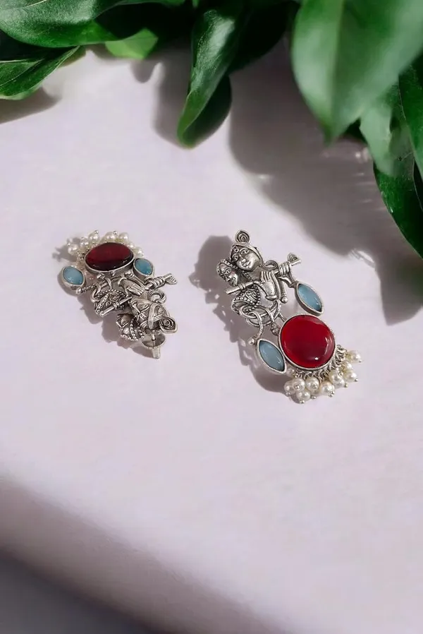 Maroon_German_Silver_Radha_Krishna_Necklace_And_Earrings_Set_For_Women