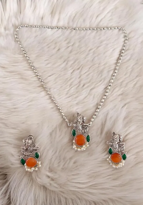 Orange_German_Silver_Radha_Krishna_Necklace_And_Earrings_Set_For_Women