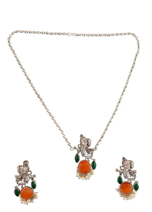 Orange_German_Silver_Radha_Krishna_Necklace_And_Earrings_Set_For_Women