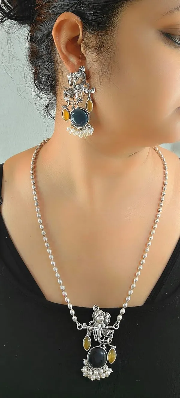 Yellow_German_Silver_Radha_Krishna_Necklace_And_Earrings_Set_For_Women