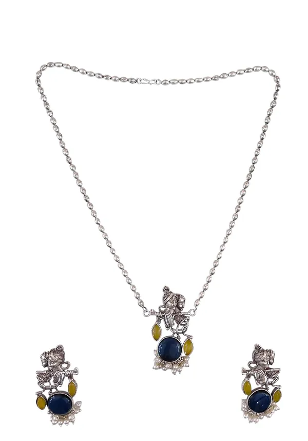 Yellow_German_Silver_Radha_Krishna_Necklace_And_Earrings_Set_For_Women