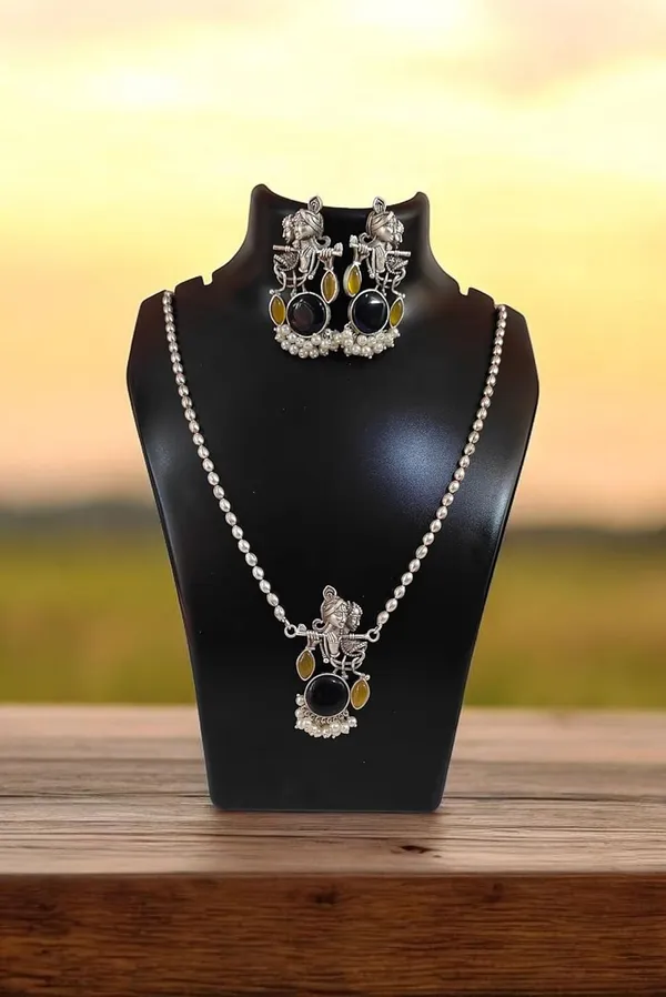 Yellow_German_Silver_Radha_Krishna_Necklace_And_Earrings_Set_For_Women