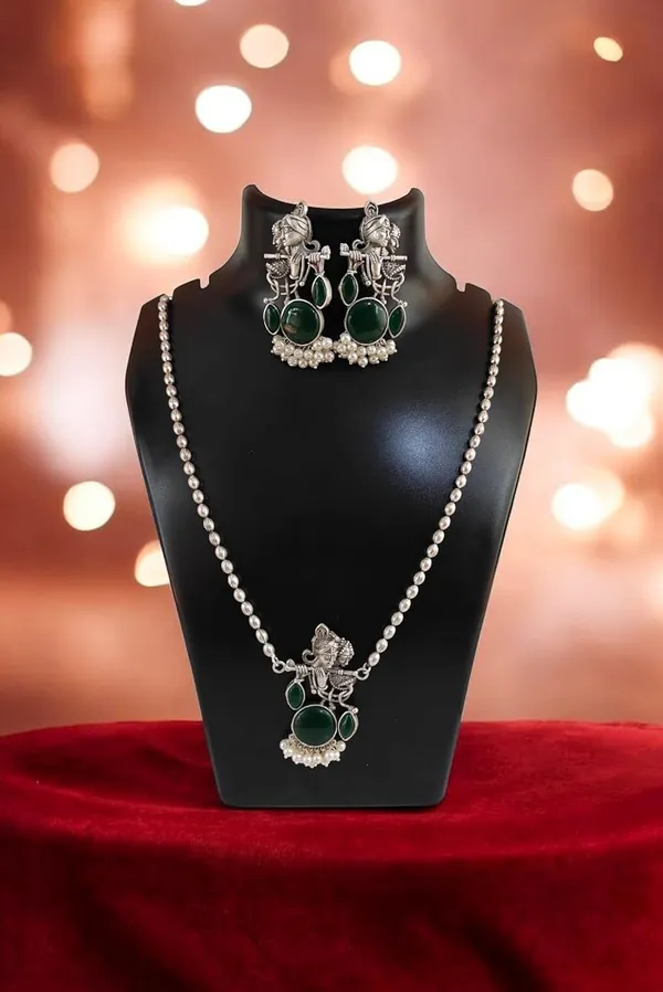 Green_German_Silver_Radha_Krishna_Necklace_And_Earrings_Set_For_Women