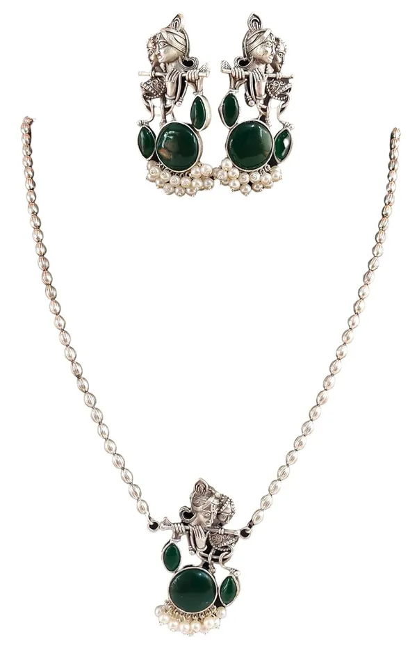 Green_German_Silver_Radha_Krishna_Necklace_And_Earrings_Set_For_Women