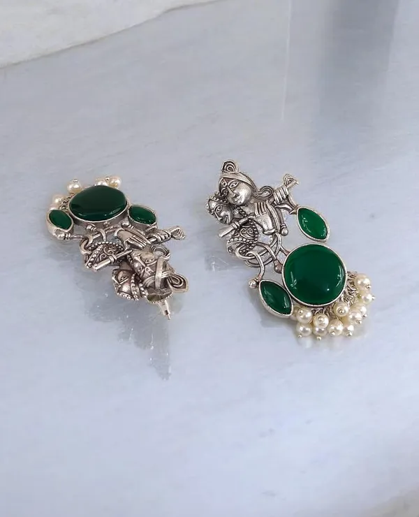 Green_German_Silver_Radha_Krishna_Necklace_And_Earrings_Set_For_Women