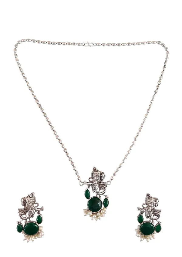 Green_German_Silver_Radha_Krishna_Necklace_And_Earrings_Set_For_Women