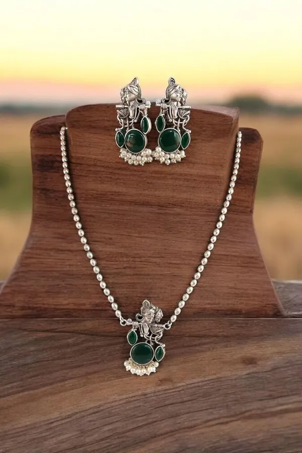 Green_German_Silver_Radha_Krishna_Necklace_And_Earrings_Set_For_Women