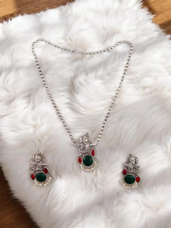 Red_German_Silver_Radha_Krishna_Necklace_And_Earrings_Set_For_Women