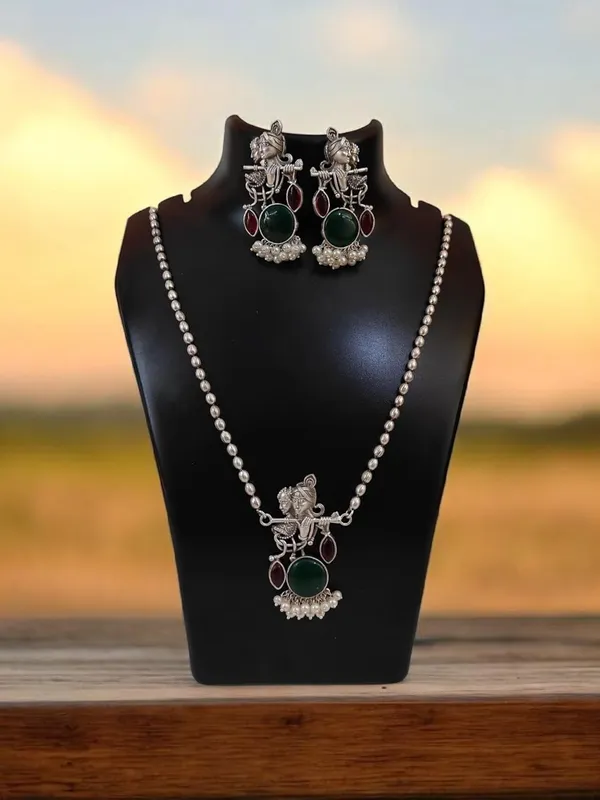 Red_German_Silver_Radha_Krishna_Necklace_And_Earrings_Set_For_Women