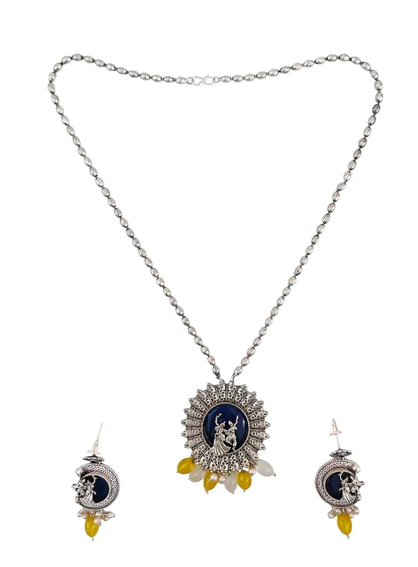 Yellow_German_Silver_Necklace_Set_With_Radha_Krishna_Pendant_And_Earrings_For_Women