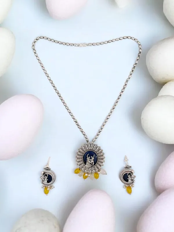 Yellow_German_Silver_Necklace_Set_With_Radha_Krishna_Pendant_And_Earrings_For_Women