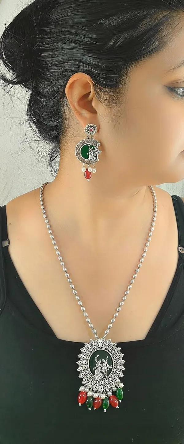 Red_German_Silver_Necklace_Set_With_Radha_Krishna_Pendant_And_Earrings_For_Women