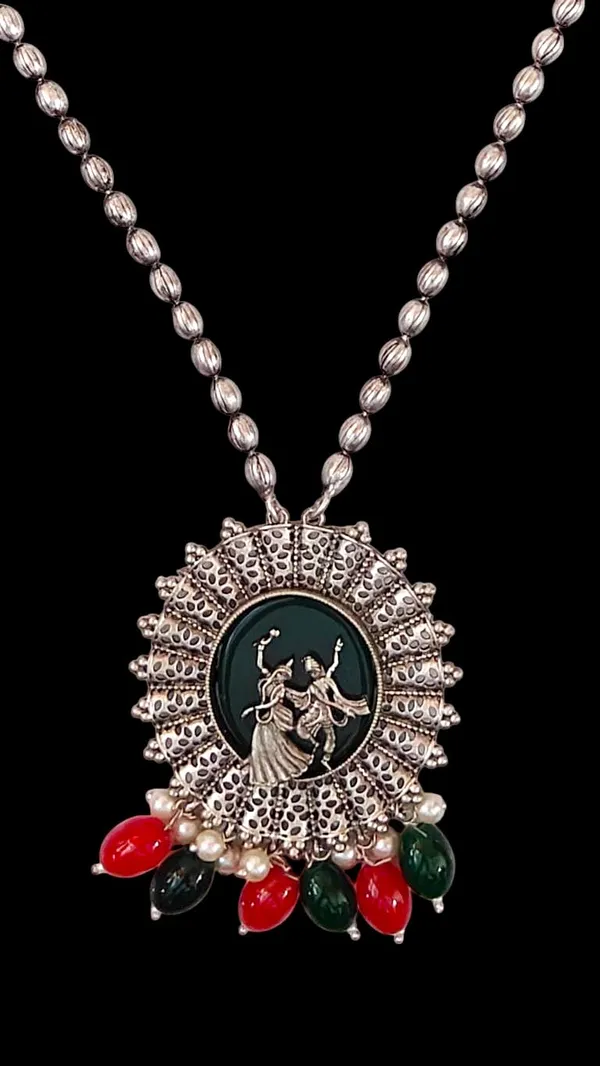 Red_German_Silver_Necklace_Set_With_Radha_Krishna_Pendant_And_Earrings_For_Women