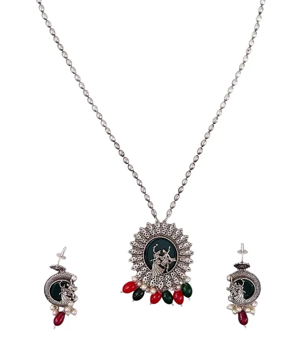 Red_German_Silver_Necklace_Set_With_Radha_Krishna_Pendant_And_Earrings_For_Women