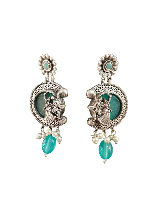 Turquoise_German_Silver_Necklace_Set_With_Radha_Krishna_Pendant_And_Earrings_For_Women