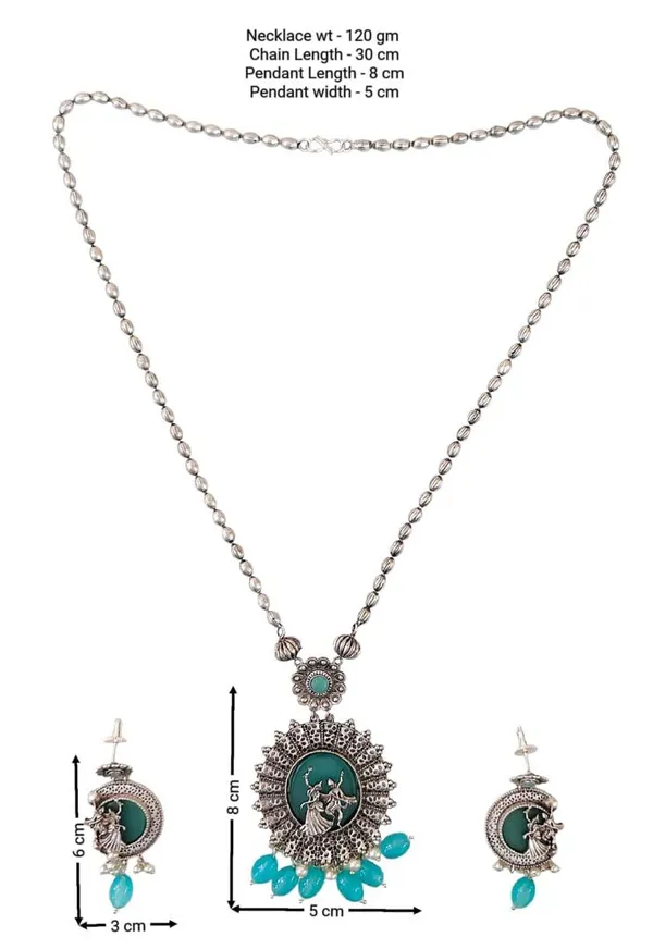 Turquoise_German_Silver_Necklace_Set_With_Radha_Krishna_Pendant_And_Earrings_For_Women