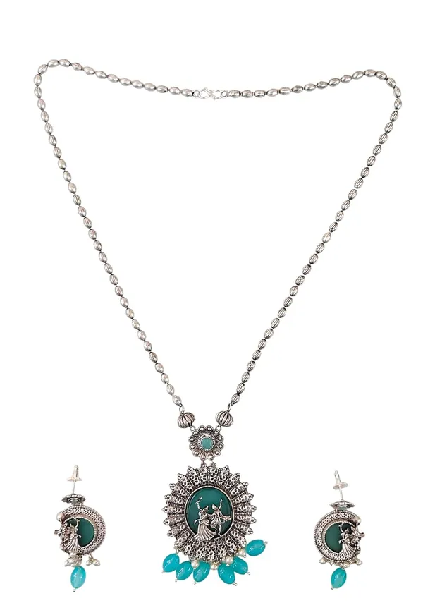 Turquoise_German_Silver_Necklace_Set_With_Radha_Krishna_Pendant_And_Earrings_For_Women