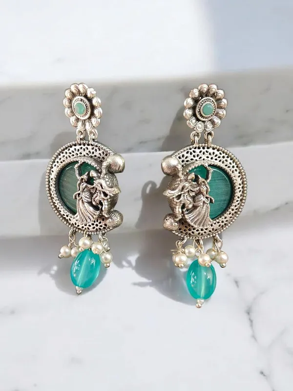 Turquoise_German_Silver_Necklace_Set_With_Radha_Krishna_Pendant_And_Earrings_For_Women