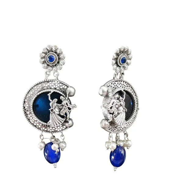 Blue_German_Silver_Necklace_Set_With_Radha_Krishna_Pendant_And_Earrings_For_Women
