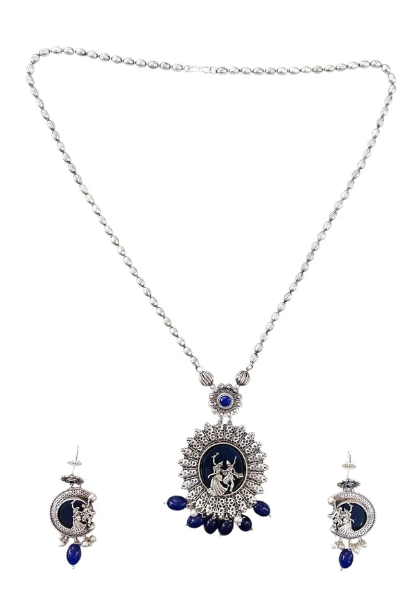 Blue_German_Silver_Necklace_Set_With_Radha_Krishna_Pendant_And_Earrings_For_Women