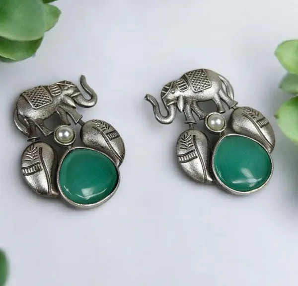 Mint_Green_German_Silver_Elephant_Stud_Earrings_For_Women