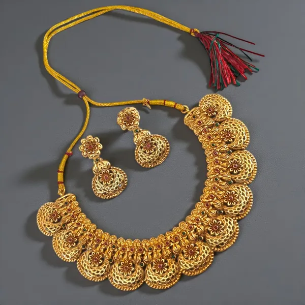 Golden_Floral_Choker_Necklace_Set_With_Earrings_For_Women