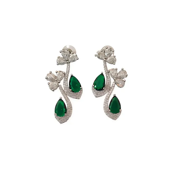 Exquisite_Emerald_green_&_White_American_Diamonds_Necklace_Set_with_Drop_Earrings_-_Silver-Plated_Cubic_Zirconia_Floral_Choker_for_Women_&_Girls